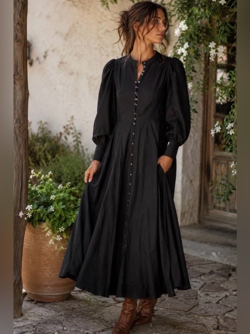 Doen Black Long Button-Front Maxi Dress with Puff Sleeves